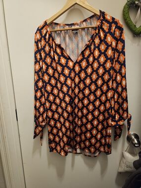 Mud Pie Retro Geometric Tunic Blouse Orange Navy V-neck 3/4 Tie Sleeve SM